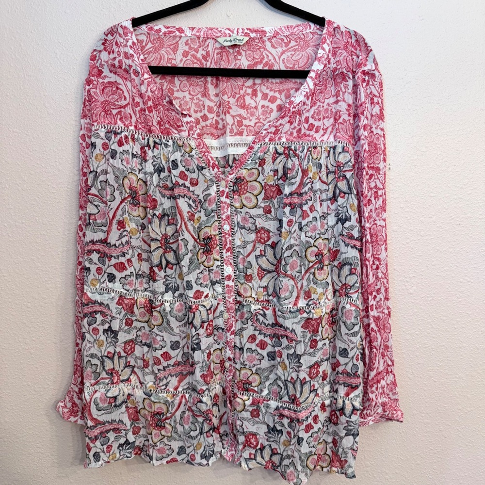 Lucky Brand Red Floral Boho Button V-Neck Lace Trim Tiered Blouse Womens XL